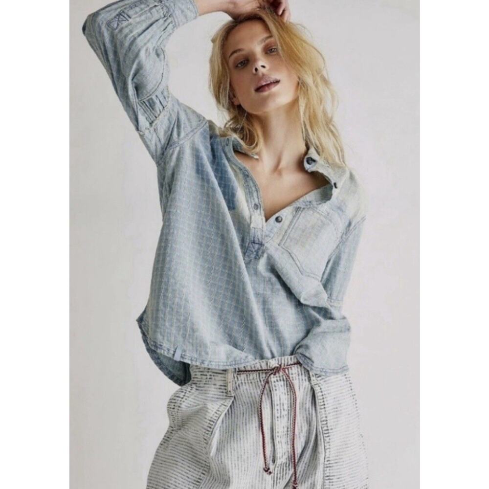 Free People Glacier Bay Checked Distressed Denim Tunic We The Free Size XS